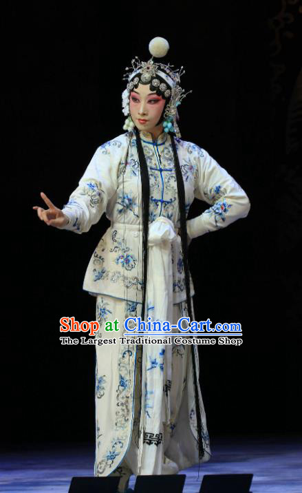 Chinese Hebei Clapper Opera Martial Female Yang Jiumei Garment Costumes and Headdress Kou Zhun Traditional Bangzi Opera Young Lady Dress Wudan Apparels