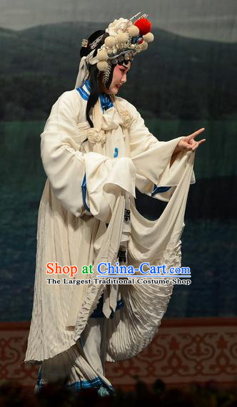 Chinese Hebei Clapper Opera Distress Female Garment Costumes and Headdress Madam White Snake Traditional Bangzi Opera Swordswoman Dress Bai Suzhen Apparels