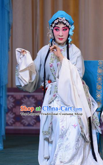 Chinese Hebei Clapper Opera Distress Maiden Hu Fenglian Garment Costumes and Headdress The Butterfly Chalice Traditional Bangzi Opera Village Girl Dress Tsing Yi Apparels