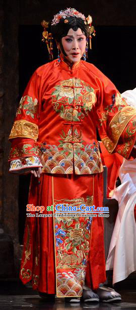 Chinese Hebei Clapper Opera Bride Red Garment Costumes and Headdress Golden Lock Notes Traditional Bangzi Opera Actress Dress Young Female Zhi Shou Apparels