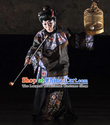 Chinese Hebei Clapper Opera Dowager Garment Costumes and Headdress Golden Lock Notes Traditional Bangzi Opera Rich Female Dress Pantaloon Cao Qiqiao Apparels