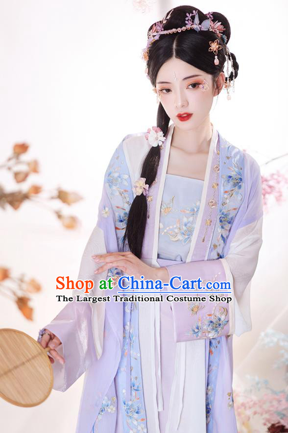 Chinese Ancient Civilian Lady Embroidered Hanfu Dress Apparels Traditional Song Dynasty Village Girl Historical Costumes Complete Set