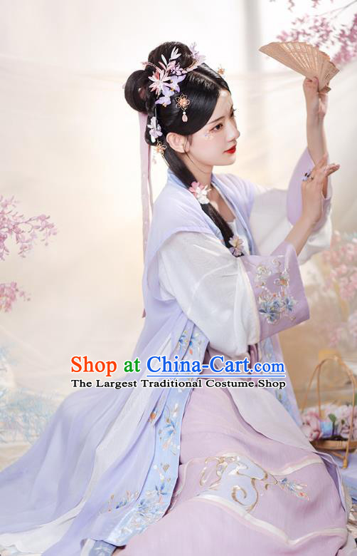 Chinese Ancient Civilian Lady Embroidered Hanfu Dress Apparels Traditional Song Dynasty Village Girl Historical Costumes Complete Set