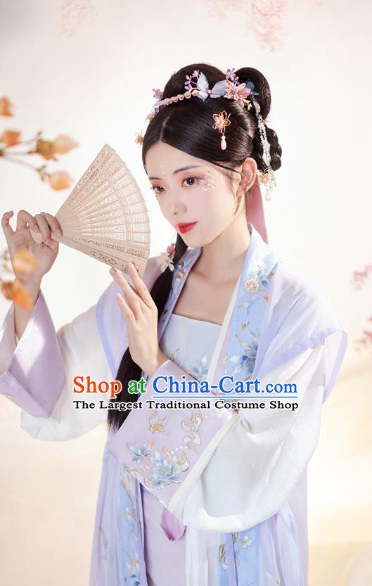 Chinese Ancient Civilian Lady Embroidered Hanfu Dress Apparels Traditional Song Dynasty Village Girl Historical Costumes Complete Set