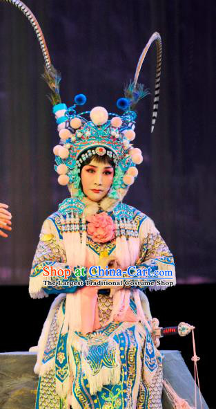 Chinese Hebei Clapper Opera Wudan Garment Costumes and Headdress Nan Bei He Traditional Bangzi Opera Martial Female Dress Actress Qing Lian Apparels