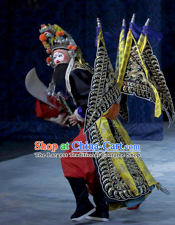 In Extremely Good Fortune Chinese Bangzi Opera Martial Male Apparels Costumes and Headpieces Traditional Hebei Clapper Opera Clown Garment Clothing with Flags