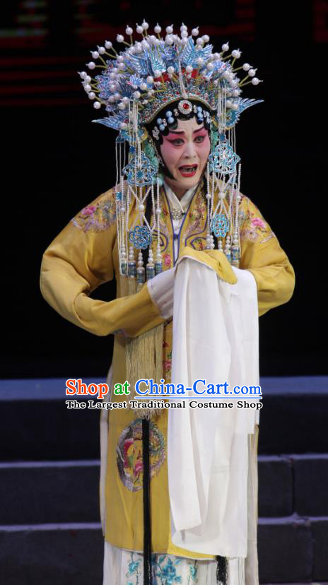 Chinese Shanxi Clapper Opera Empress Garment Costumes and Headdress Traditional Bangzi Opera Hua Tan Yellow Dress Queen Apparels
