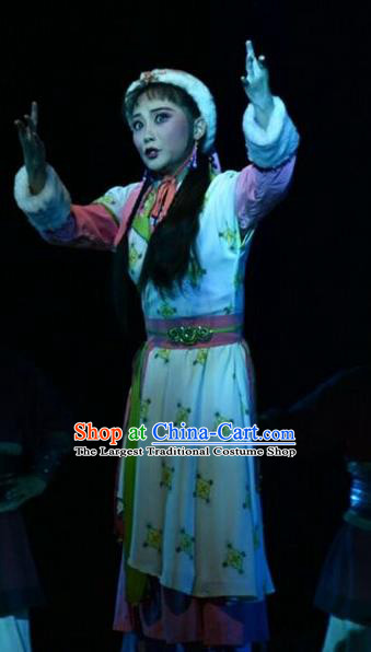 Chinese Shanxi Clapper Opera Young Lady Garment Costumes and Headdress Ping Cheng Fu Traditional Bangzi Opera Actress Dress Diva Feng Yan Apparels