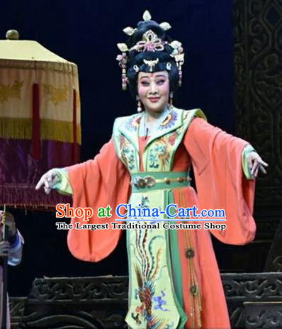Chinese Shanxi Clapper Opera Empress Feng Yan Garment Costumes and Headdress Ping Cheng Fu Traditional Bangzi Opera Actress Dress Court Queen Apparels