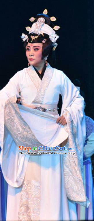 Chinese Shanxi Clapper Opera Widow Garment Costumes and Headdress Ping Cheng Fu Traditional Bangzi Opera Diva Feng Yan White Dress Empress Apparels