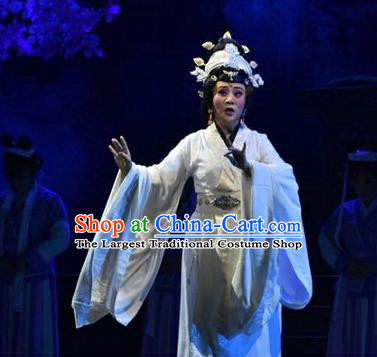 Chinese Shanxi Clapper Opera Widow Garment Costumes and Headdress Ping Cheng Fu Traditional Bangzi Opera Diva Feng Yan White Dress Empress Apparels