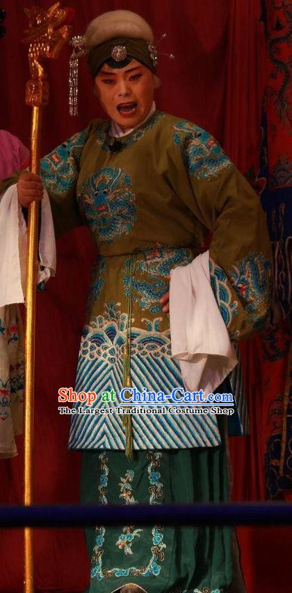 Chinese Shanxi Clapper Opera Dame She Saihua Garment Costumes and Headdress Ba Lang Ci Xiao Traditional Bangzi Opera Elderly Female Dress Laodan Apparels