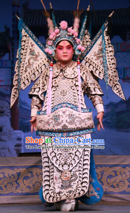 Zhong Bao Guo Chinese Bangzi Opera Wusheng Wang Shexiang Apparels Costumes and Headpieces Traditional Shanxi Clapper Opera Martial Male Garment General Clothing with Flags
