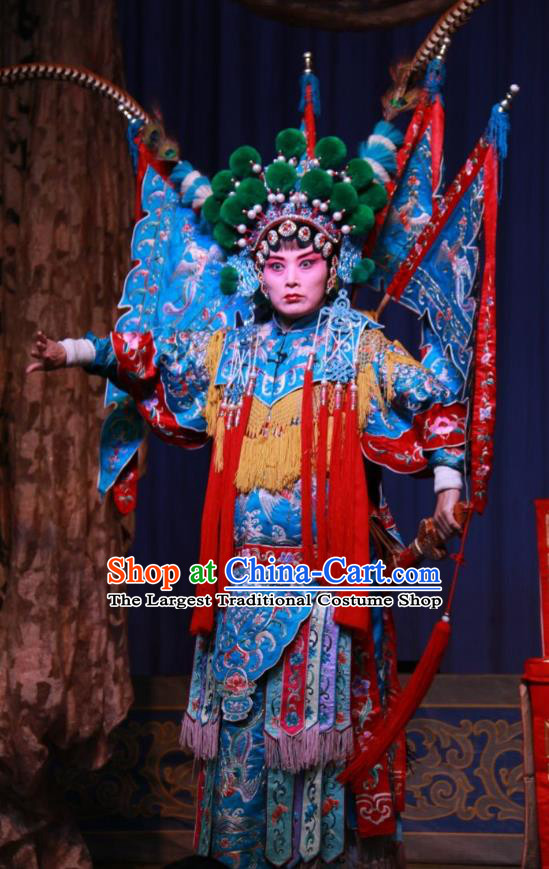 Chinese Shanxi Clapper Opera Martial Female Garment Costumes and Headdress Zhong Bao Guo Traditional Bangzi Opera Actress Dress Tao Ma Tan Apparels with Flags