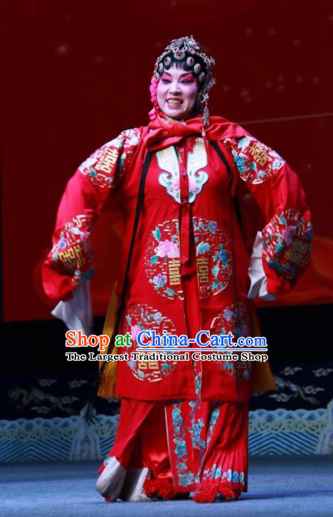Chinese Shanxi Clapper Opera Young Female Zhou Fenglian Garment Costumes and Headdress Sedan Chair Lift Traditional Bangzi Opera Hua Tan Red Dress Bride Apparels