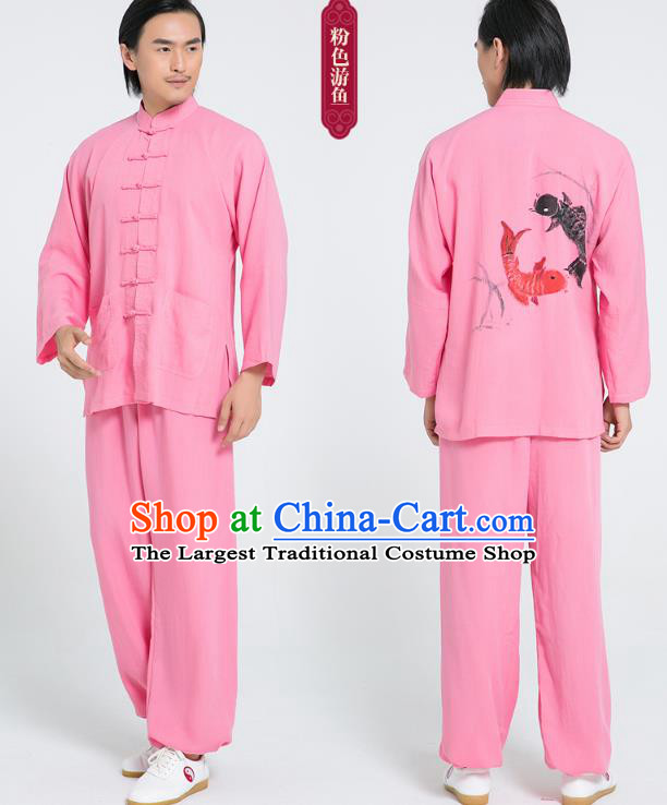 Top Grade Chinese Tai Ji Training Hand Painting Carps Uniforms Kung Fu Martial Arts Costume Shaolin Gongfu Pink Flax Shirt and Pants for Men