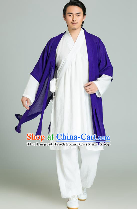 Top Grade Chinese Tai Ji Training Uniforms Kung Fu Martial Arts Costume Shaolin Gongfu Purple Cloak White Shirt and Pants for Men