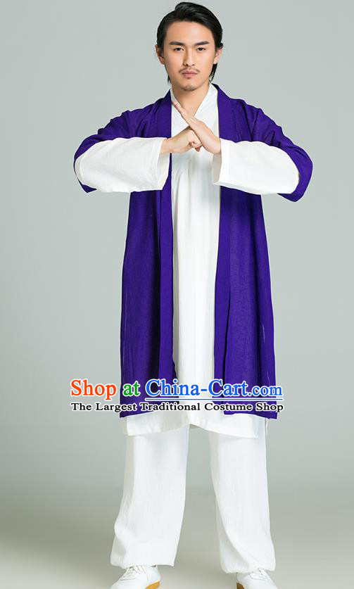 Top Grade Chinese Tai Ji Training Uniforms Kung Fu Martial Arts Costume Shaolin Gongfu Purple Cloak White Shirt and Pants for Men