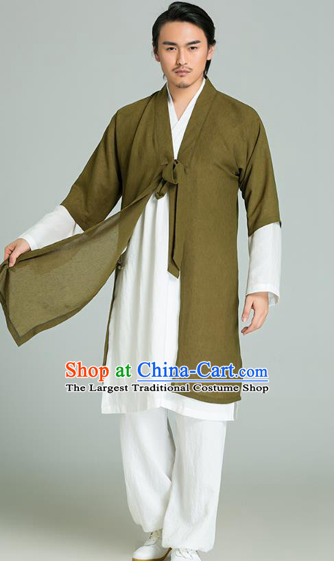 Top Grade Chinese Tai Ji Training Uniforms Kung Fu Martial Arts Costume Shaolin Gongfu Olive Green Cloak White Shirt and Pants for Men