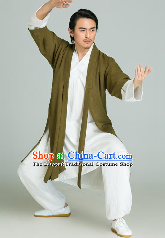 Top Grade Chinese Tai Ji Training Uniforms Kung Fu Martial Arts Costume Shaolin Gongfu Olive Green Cloak White Shirt and Pants for Men