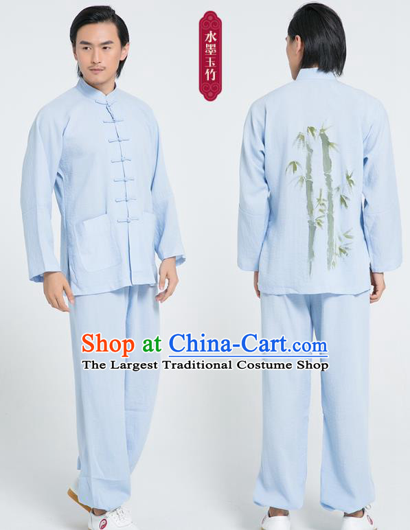 Top Grade Chinese Tai Ji Training Hand Painting Bamboo Uniforms Kung Fu Martial Arts Costume Shaolin Gongfu Blue Flax Shirt and Pants for Men