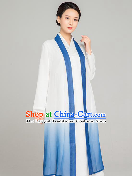 Asian Chinese Traditional Tang Suit Blue Chiffon Cloak Martial Arts Costumes China Kung Fu Upper Outer Garment Cardigan for Women