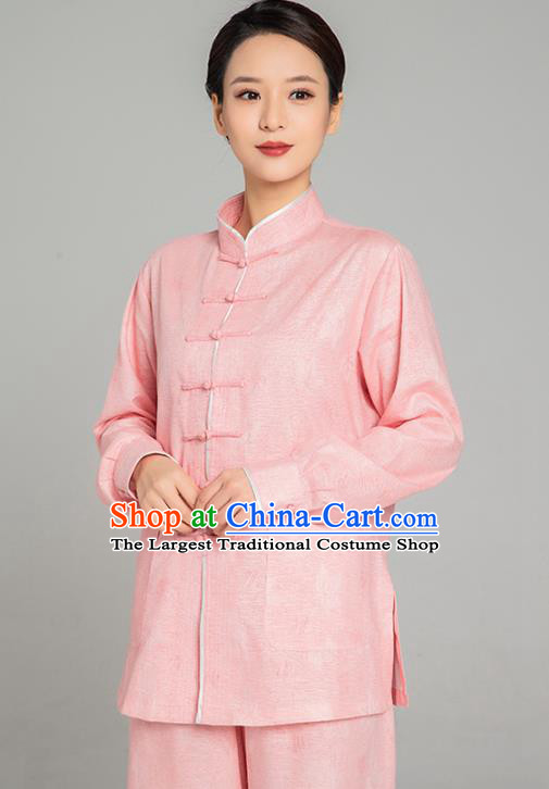 Professional Chinese Tang Suit Jacquard Pink Flax Blouse and Pants Outfits Martial Arts Costumes Kung Fu Tai Chi Training Garment for Women