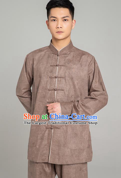 Top Grade Chinese Tai Ji Jacquard Brown Linen Uniforms Kung Fu Martial Arts Training Costume Shaolin Gongfu Blouse and Pants for Men