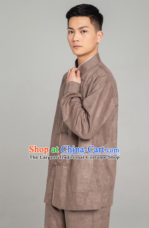 Top Grade Chinese Tai Ji Jacquard Brown Linen Uniforms Kung Fu Martial Arts Training Costume Shaolin Gongfu Blouse and Pants for Men
