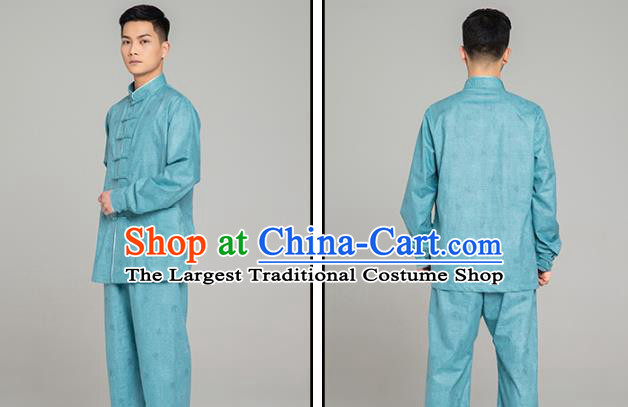 Top Grade Chinese Tai Ji Jacquard Teal Linen Uniforms Kung Fu Martial Arts Training Costume Shaolin Gongfu Blouse and Pants for Men