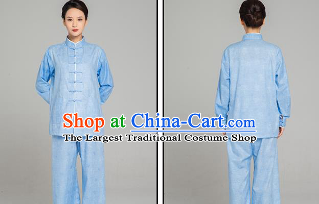 Professional Chinese Tang Suit Jacquard Light Blue Flax Blouse and Pants Outfits Martial Arts Costumes Kung Fu Tai Chi Training Garment for Women