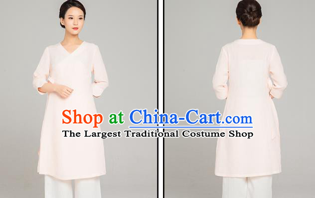 Asian Chinese Traditional Tang Suit Light Pink Flax Blouse Martial Arts Costumes China Kung Fu Upper Outer Garment Dress for Women
