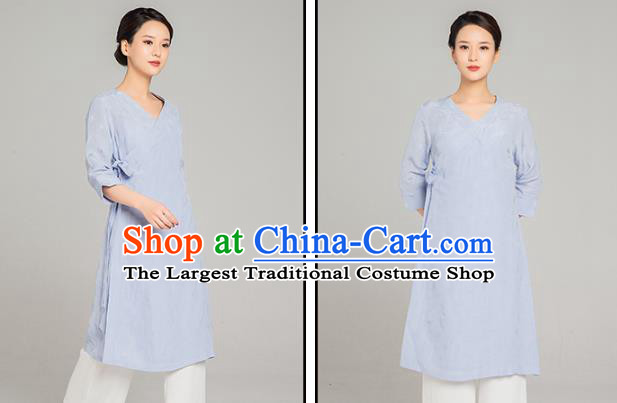 Asian Chinese Traditional Tang Suit Light Blue Flax Blouse Martial Arts Costumes China Kung Fu Upper Outer Garment Dress for Women