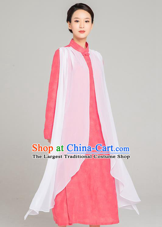 Asian Chinese Traditional Tang Suit Chiffon Cloak Rosy Dress Martial Arts Costumes China Kung Fu Garment for Women