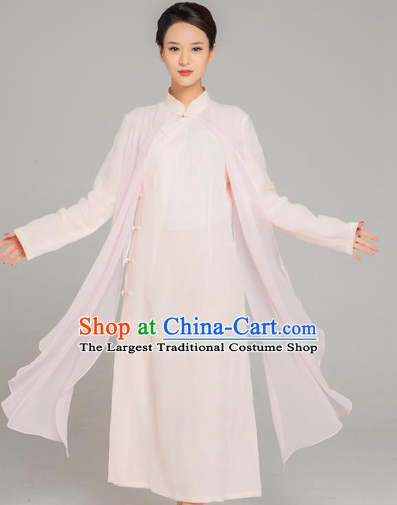 Asian Chinese Traditional Tang Suit Chiffon Cloak Beige Dress Martial Arts Costumes China Kung Fu Garment for Women