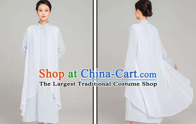 Asian Chinese Traditional Tang Suit Chiffon Cloak Light Blue Dress Martial Arts Costumes China Kung Fu Garment for Women