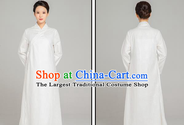 Asian Chinese Traditional Jacquard Maple Leaf White Flax Dress Martial Arts Costumes China Kung Fu Robe Garment for Women