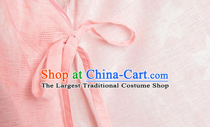 Asian Chinese Traditional Jacquard Maple Leaf Pink Flax Dress Martial Arts Costumes China Kung Fu Robe Garment for Women
