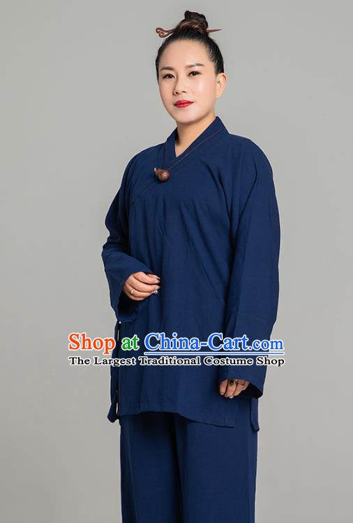Asian Chinese Traditional Taoist Nun Navy Flax Blouse and Pants Martial Arts Costumes China Kung Fu Garment Outfits for Women