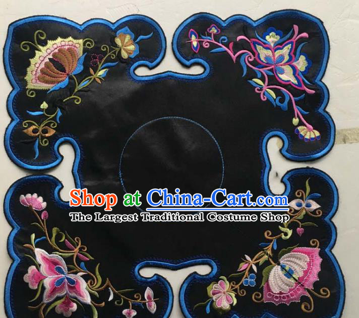 Chinese Traditional Embroidered Butterfly Flowers Black Square Patch Decoration Embroidery Applique Craft Embroidered Collar Accessories