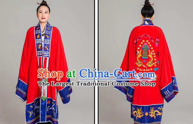 Traditional Chinese Taoist Nun Red Koshibo Priest Frock Martial Arts Costumes China Taoism Tai Chi Garment Embroidered Pagoda Gown for Women