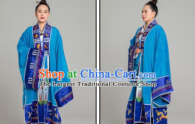 Traditional Chinese Taoist Nun Blue Koshibo Priest Frock Martial Arts Costumes China Taoism Tai Chi Garment Embroidered Pagoda Gown for Women