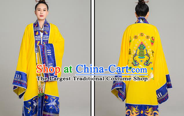 Traditional Chinese Taoist Nun Yellow Koshibo Priest Frock Martial Arts Costumes China Taoism Tai Chi Garment Embroidered Pagoda Gown for Women