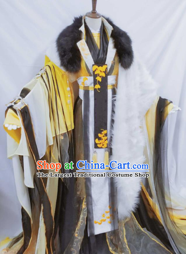 Top Chinese Cosplay Royal King Costume Ancient Swordsman Emperor Yellow Clothing for Men