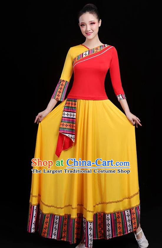 Traditional Chinese Folk Dance Costumes Stage Show Garment Yellow Dress for Women