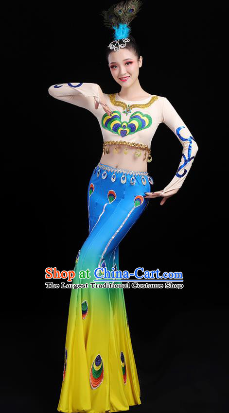 Chinese Traditional Dai Ethnic Dance Costumes Folk Dance Apparels Minority Peacock Dance Blouse and Blue Skirt for Women