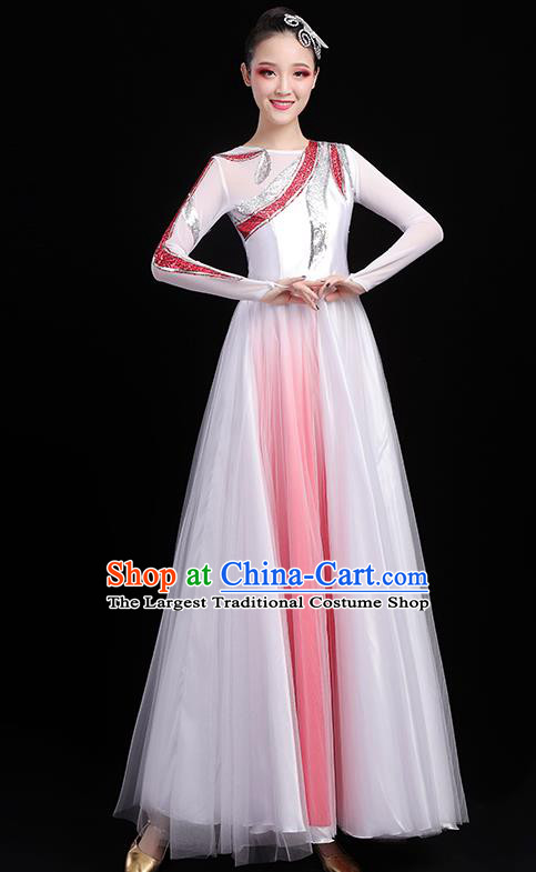 Traditional Chinese Modern Dance Costumes Opening Dance Stage Show Garment Chorus Group White Veil Dress for Women