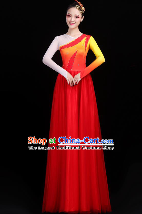 Traditional Chinese Modern Dance Costumes Opening Dance Stage Show Garment Chorus Group Red Veil Dress for Women