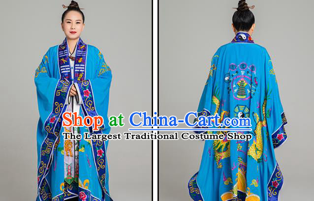 Traditional Chinese Embroidered Dragon Blue Gown Taoist Nun Koshibo Priest Frock Martial Arts Costumes China Taoism Tai Chi Garment for Women