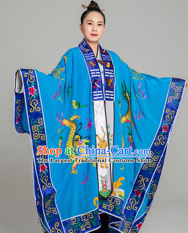 Traditional Chinese Embroidered Dragon Blue Gown Taoist Nun Koshibo Priest Frock Martial Arts Costumes China Taoism Tai Chi Garment for Women